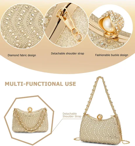 Miniatura 7 de Bolso de noche para mujer, bolso de mano con diamantes de imitación, brillante para fiesta, bolso de hombro, bolsa de boda con cadena