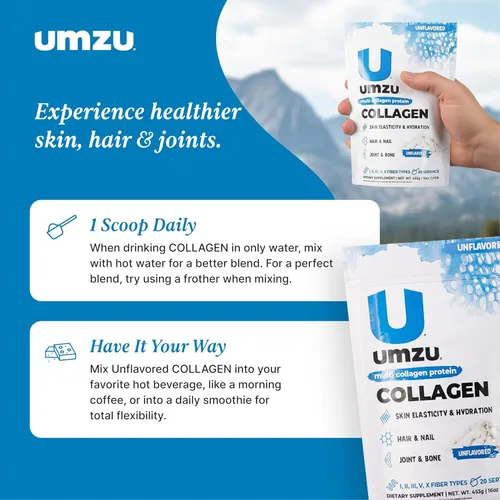 Miniatura 3 de UMZU zuCollagen - Polvo de proteína de colágeno múltiple, sin sabor, 5 tipos de colágeno I II III V X - Suplemento alto en proteínas y bajo