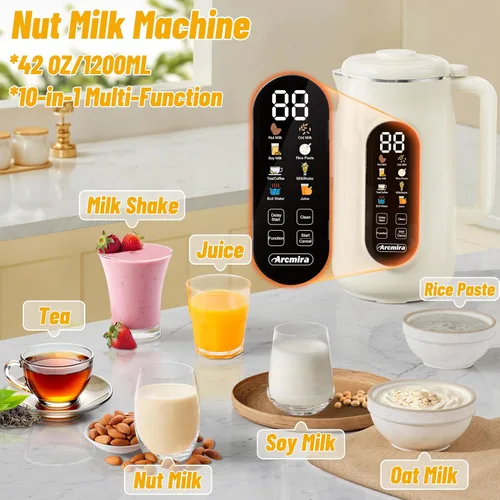Miniatura 3 de Arcmira - Máquina para hacer leche de nuez 10 en 1, máquina para hacer leche de soja de 42 onzas con panel LED 10 Blade/Delay Start/Keep Warm/Self