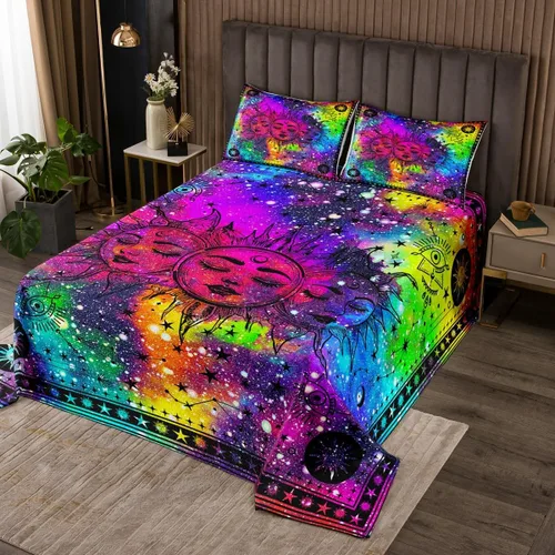 Miniatura 25 de Erosebridal Juego de colcha de teñido anudado arcoíris, juego de ropa de cama bohemio de calavera de la muerte, juego de ropa de cama tamaño King