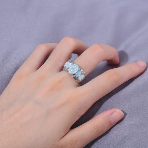 Miniatura 3 de CiNily - Anillo chapado en rodio con ópalo de fuego blanco para mujer, talla 5 12
