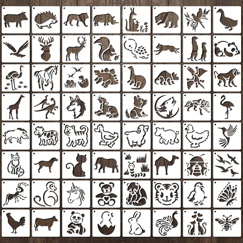 64 Piezas de Plantillas para Pintar, Plantillas de Animales Pequeñas Reutilizables, Plantillas de Arte y Manualidades para Pintar sobre Madera,