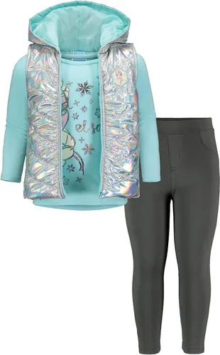 Miniatura 6 de Disney Frozen Princess Anna Queen Elsa - Chaleco con cremallera para niñas conjunto de camiseta y leggings de 3 piezas para niños pequeños a grandes