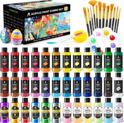 Miniatura 10 de Juego de 40 piezas de pintura acrílica - 24 colores (2 onzas/60ml) con 12 pinceles, 2 cuchillos y paleta - Pigmentos ricos para adultos, artistas