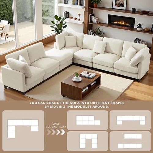 Miniatura 4 de Sofá modular de 117 pulgadas, sofá modular de felpilla en forma de U con otomana móvil, moderno sofá modular de 7 asientos para sala de estar, Beige