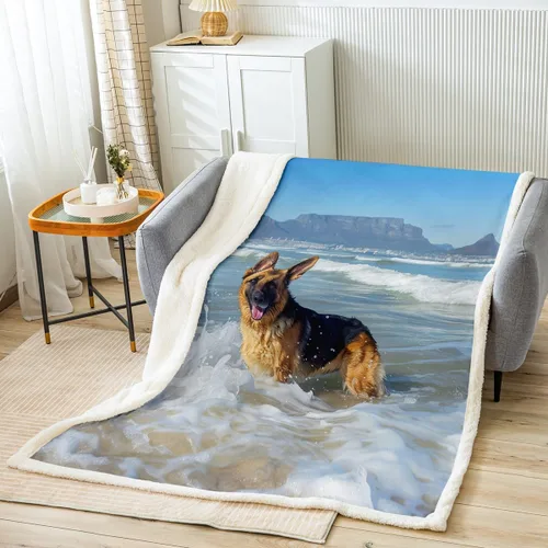 Manta de vellón de pastor alemán, bonito manta de felpa para sofá, cama, océano, playa, montaña, manta sherpa hippie para mascotas, manta mullida