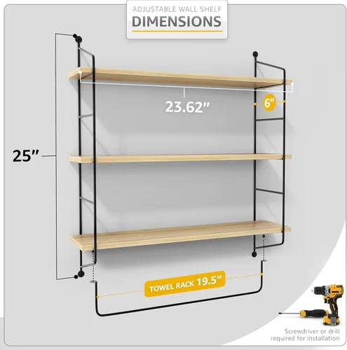 Miniatura 3 de Sorbus Estantes flotantes de baño de 3 niveles para pared, almacenamiento de pared de madera para toallas, armario de almacenamiento sobre el Arce