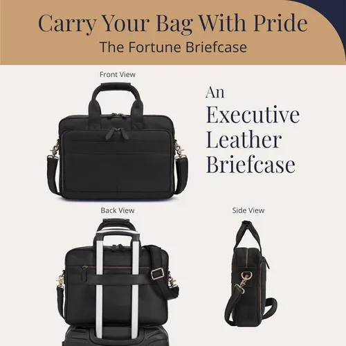 Miniatura 6 de Luxorro Maletín de cuero de grano completo para hombre, bolsa para laptop con compartimento de cuero para computadora Negro