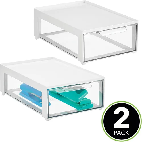 Miniatura 2 de mDesign Lumiere Collection - Contenedores apilables de plástico para almacenamiento de oficina con cajón frontal para armario, escritorio, estantes