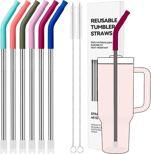 Miniatura 17 de Pajitas de Metal Rectas de 40 oz para Vaso Stanley de 40 oz, 6 Piezas Pajitas de Metal Reutilizables de Acero Inoxidable para Beber con Puntas de 2