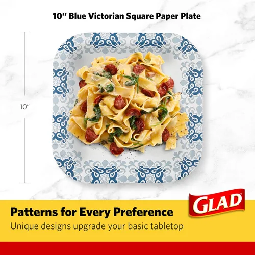 Miniatura 6 de Glad Platos cuadrados de papel resistentes, platos desechables a prueba de remojo y cortes, para fiestas y comidas diarias, aptos para microondas