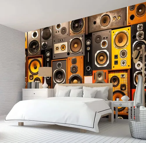 Miniatura 2 de Papel pintado 3D con altavoces retro, para entusiastas de la música, papel tapiz fotográfico para entusiastas de la música, espacio para inquilinos