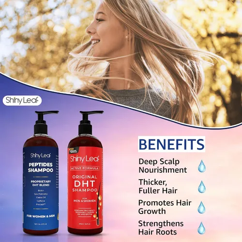 Miniatura 2 de Shiny Leaf Paquete de champú para el crecimiento del cabello, juego de champú bloqueador y péptido DHT, champús antiadelgazamiento con biotina