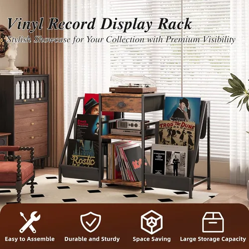 Miniatura 5 de Soporte para tocadiscos con cajón, mesa para tocadiscos con almacenamiento de discos de vinilo de hasta 280 álbumes, soporte giratorio con estante