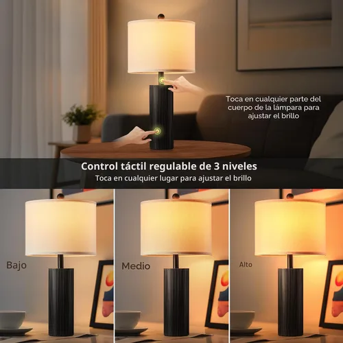 Miniatura 4 de Juego de 2 lámparas negras de 24.5 pulgadas, modernas lámparas de mesa para sala de estar con puertos USB C+A, lámparas táctiles creativas a rayas