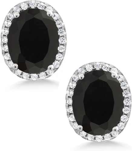 Miniatura 3 de Gem Stone King Aretes de plata de ley 925 con halo de ónix negro para mujer