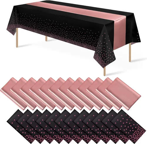Miniatura 25 de 16 paquetes de manteles de plástico desechables y juego de camino de mesa de satén negro dorado con puntos dorados para graduación, boda