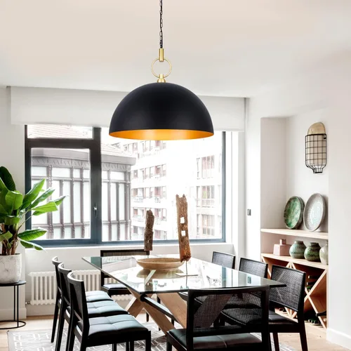 Miniatura 3 de Luces colgantes de granja de 23.6 pulgadas para isla de cocina, lámpara colgante de cúpula grande negra y dorada, lámpara colgante industrial