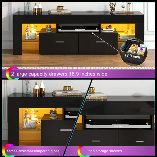 Miniatura 4 de HOUAGI Soporte de TV LED para televisores de hasta 65 pulgadas, moderno centro de entretenimiento con cajón de almacenamiento y estante de cristal