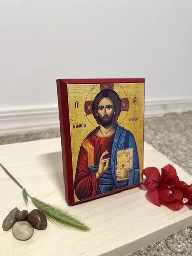 Miniatura 5 de Icono cristiano ortodoxo griego de madera Jesucristo el Pantocrátor (4 "x 5")