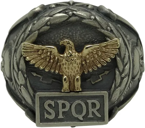 Miniatura 6 de Anillo de plata de ley y oro macizo amarillo de 10 quilates hecho a medida con águila del imperio romano SPQR Skull Biker para hombre