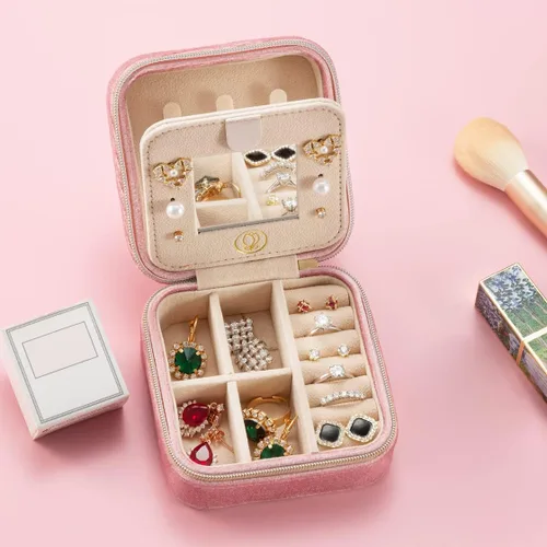 Miniatura 4 de Joyero de viaje de terciopelo de felpa, organizador de joyas de viaje, estuche de viaje para joyas, joyero de viaje, pequeño joyero para mujeres