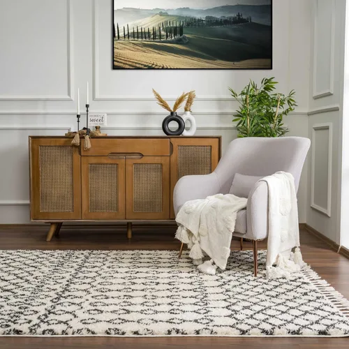 Miniatura 95 de Hauteloom, Duncans - Alfombra de estilo granja de pelo mullido para sala y dormitorio, con borlas - Beige, carbón, gris - 2 pies 7 pulgadas x 7 pies
