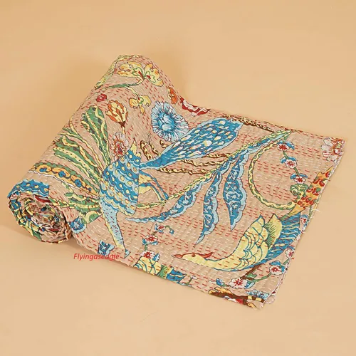 Colcha india hecha a mano con estampado de pavo real, hippie grande, de algodón, tamaño Queen, Gudri, bohemia, manta (beige, tamaño Queen, 90 x 108