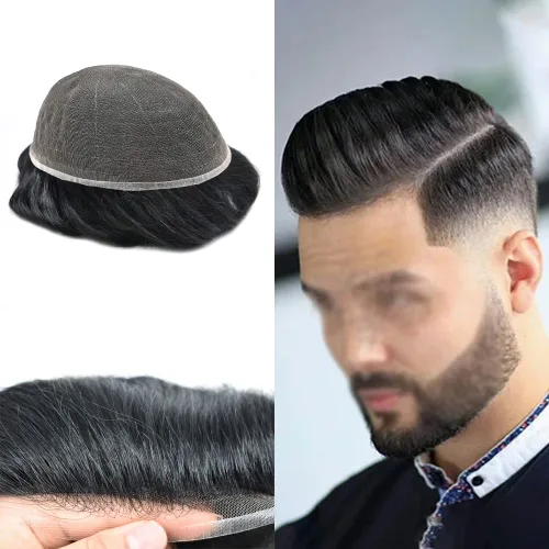 Miniatura 28 de Tupé para hombres cabello humano real sistema de cabello para hombre encaje francés completo 100% cabello humano postizos para hombres pieza de pelo
