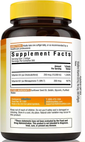 Miniatura 8 de Vitalibre Suplemento de vitamina D3 K2, 10000 UI D3 / 200 mcg K2 MK7, absorción de calcio, hueso, corazón, apoyo inmunológico y estado de ánimo