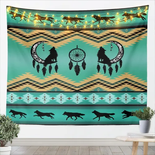 Tapices de lobo pequeños de 51 x 59 pulgadas, atrapasueños de luna, arte para colgar en la pared, arte de pared con flechas tribales nativas del