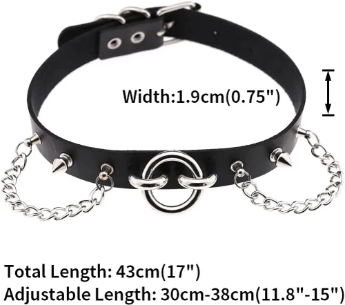 Miniatura 6 de Multicolor 0.75" Width PU Simulated Leather Rivets O Ring Chains Neckband Choker Necklace