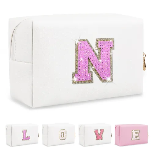 Miniatura 365 de Pequeña bolsa de maquillaje personalizada con inicial A-Z Preppy Patch, bolsa de cosméticos de viaje de felpilla blanca con cremallera, bonita bolsa