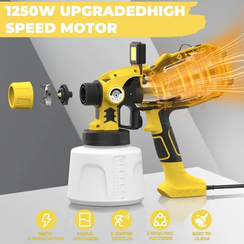 Miniatura 2 de KORKIE Pulverizador de pintura de 1250 W para pintura de casa, pistola eléctrica HVLP de 47.3 fl oz con 5 boquillas de latón, 3 patrones y luz LED