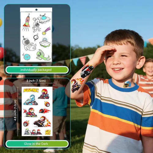 Miniatura 8 de Más de 150 tatuajes temporales que brillan para niños - Envueltos individualmente, impermeables, brillan en la oscuridad - Dinosaurio, océano
