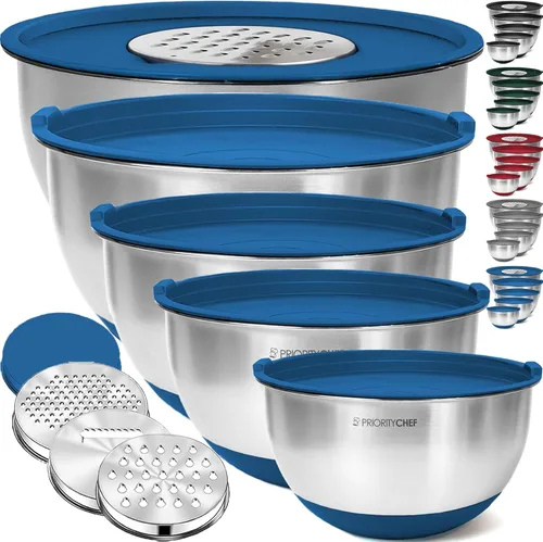 Miniatura 12 de Priority Chef Juego de tazones para mezclar de acero inoxidable con tapas, 3 accesorios para rallar, tapas herméticas, base de silicona