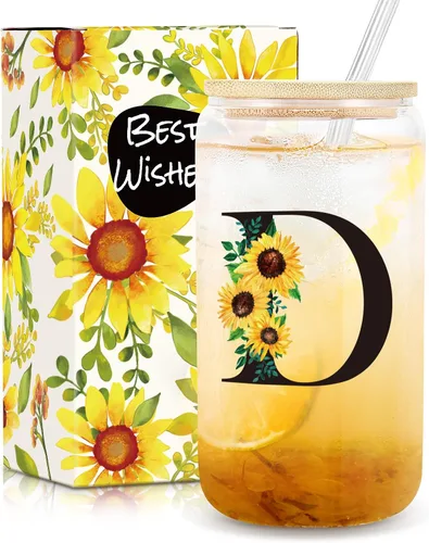 Miniatura 12 de Frerdui Regalos de cumpleaños para mujeres, vasos de vidrio con inicial con tapas y pajitas, regalo de girasol para mujeres, regalo personalizado