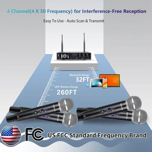 Miniatura 8 de Sistema de micrófono inalámbrico recargable de 4 canales Pro y Pre Effector, micrófonos inalámbricos de mano de metal UHF con corte vocal