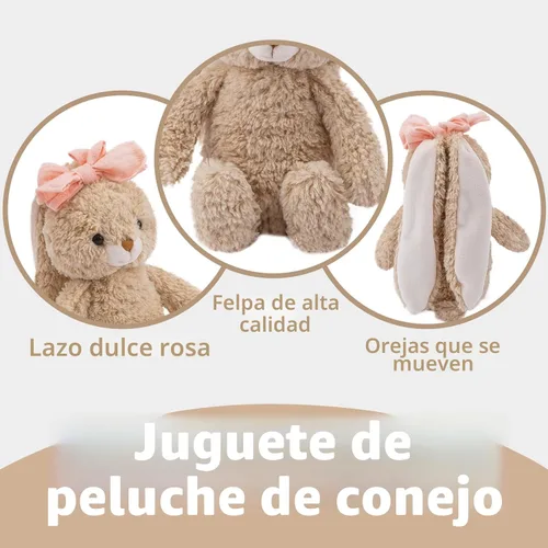 Miniatura 4 de Animal de Peluche Conejito Suave Juguete Tierno de 8'' de Largo - Conejito de Peluche Marrón de Orejas Largas con Lazo Rosa Juguetes de Peluche