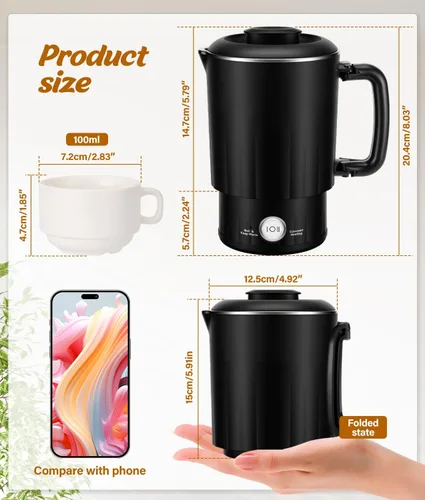 Miniatura 2 de Hervidor eléctrico portátil de viaje, hervidor de agua pequeño de 20.3 fl oz con taza de cerámica, caldera de agua de acero inoxidable 304 con doble
