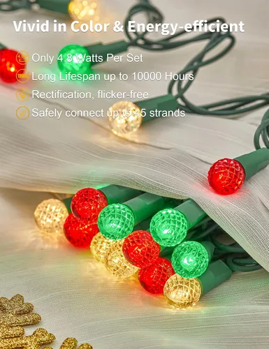 Miniatura 4 de BOHON - Luces de Navidad de 17 pies con 50 luces LED, luces de cadena facetadas G15 en rojo, blanco y verde para exteriores, enchufe, grado