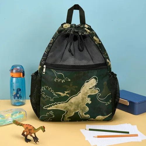 Miniatura 5 de WAWSAM Mochila con cordón para niños - Bolsa de malla con cordón para niños, Dinosaurio verde oscuro, Dinosaurio