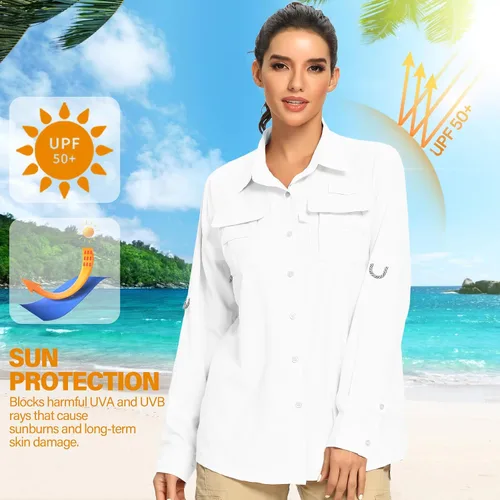 Miniatura 8 de Camisas de manga larga UPF 50 para mujer, protección solar UV, safari, secado rápido, pesca, senderismo, viajes