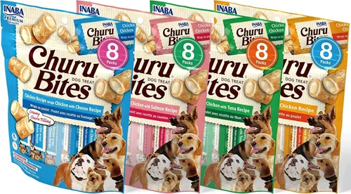 INABA Churu Bites - Golosinas para perros, sin granos, suaves y masticables al horno envueltas en pollo, 0.42 onzas cada tubo, 32 tubos en total (8