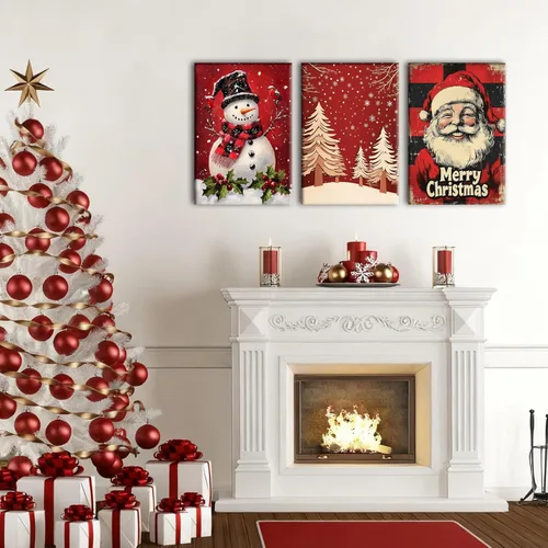 Miniatura 3 de Pennimor Lienzo decorativo para pared de Navidad, juego de 3 marcos de 12 x 16 pulgadas, decoración navideña a cuadros rojos y negros, póster