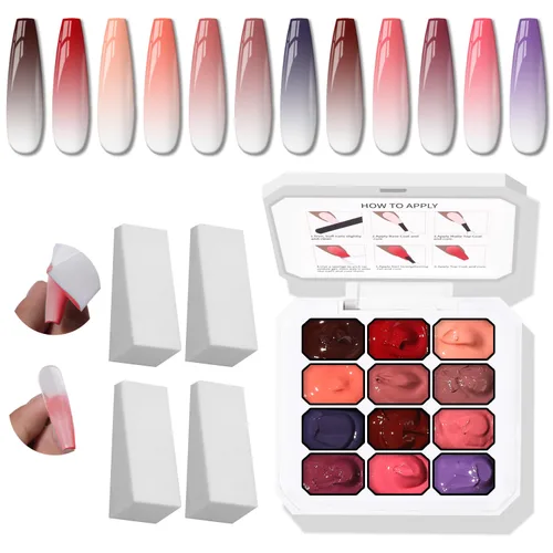 Paleta de Esmalte de Uñas en Gel Sponge Pat, 12 Colores Mezcla Degradado Ombré Gel Polish Pintura Degradada Arte de Uñas, Sin Limpiar, Curado UV/LED
