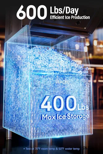 Miniatura 3 de Leacco Máquina comercial para hacer hielo 600LBS/24H con contenedor de almacenamiento de acero inoxidable de 400 libras, gran máquina de hielo