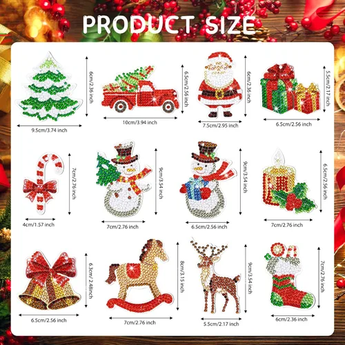Miniatura 3 de Ferraycle 12 piezas de adornos de Navidad de arte de diamantes de Navidad, adornos de pintura de diamantes 5D, kits de llaveros de pintura colgante