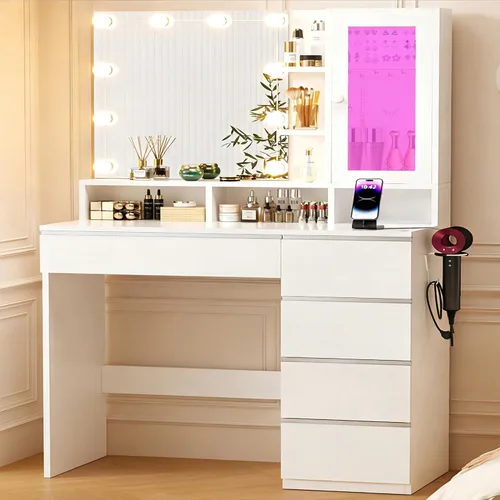 Miniatura 14 de ERLEJIA Escritorio de tocador con espejo y luces, tocador de maquillaje grande de 43 pulgadas con 9 cajones, 3 estantes abiertos, iluminación LED