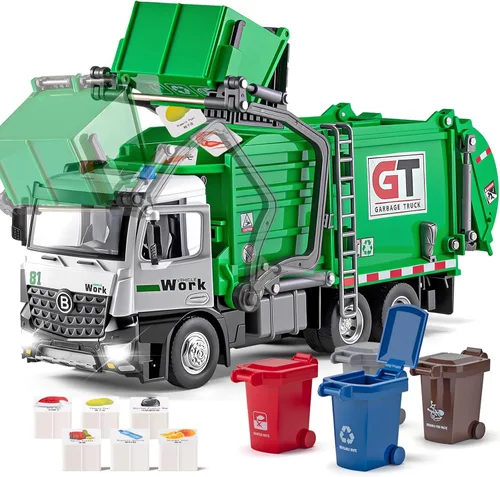 HAPYAD Camiones de basura de juguete con cabina de metal, juguetes realistas de camiones de basura para niños con luces y sonidos, vehículos de